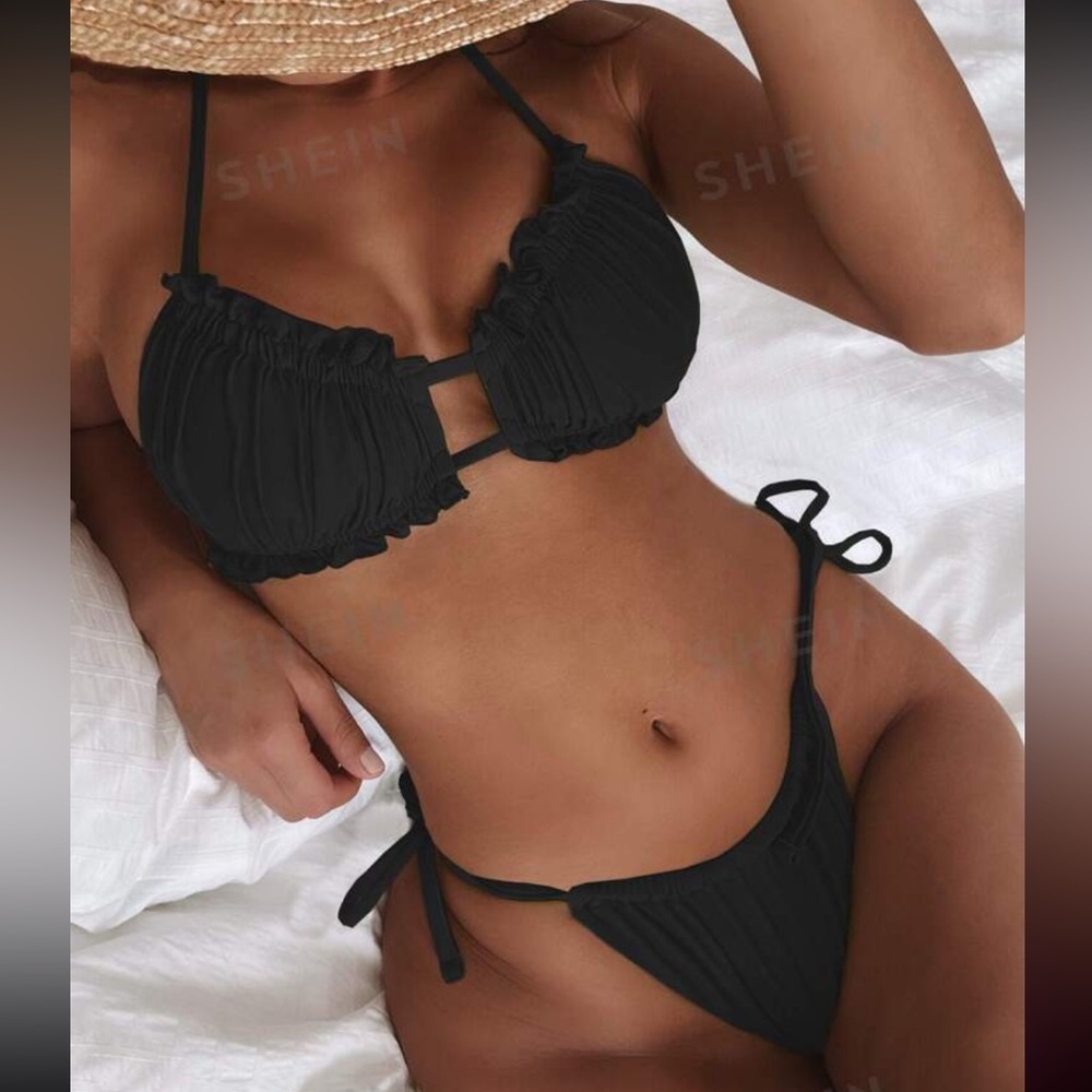 SHEIN black Swim Summer Beach Ruched Frill Tie Side Bikini size XL
